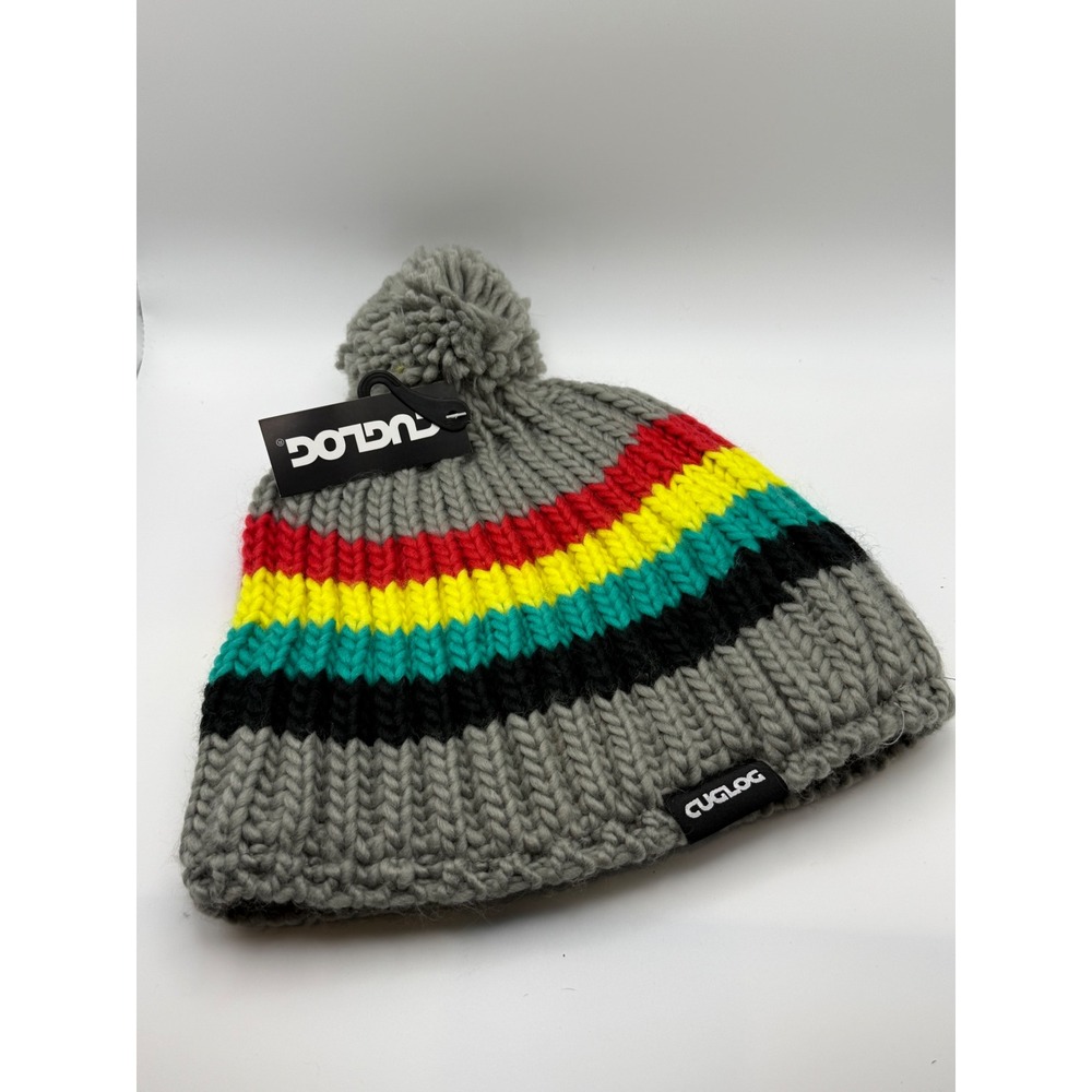 Cuglog Beanie Hat Pom Pom‎ Gray Multicolor Stripe cable Knit Winter New with Tag